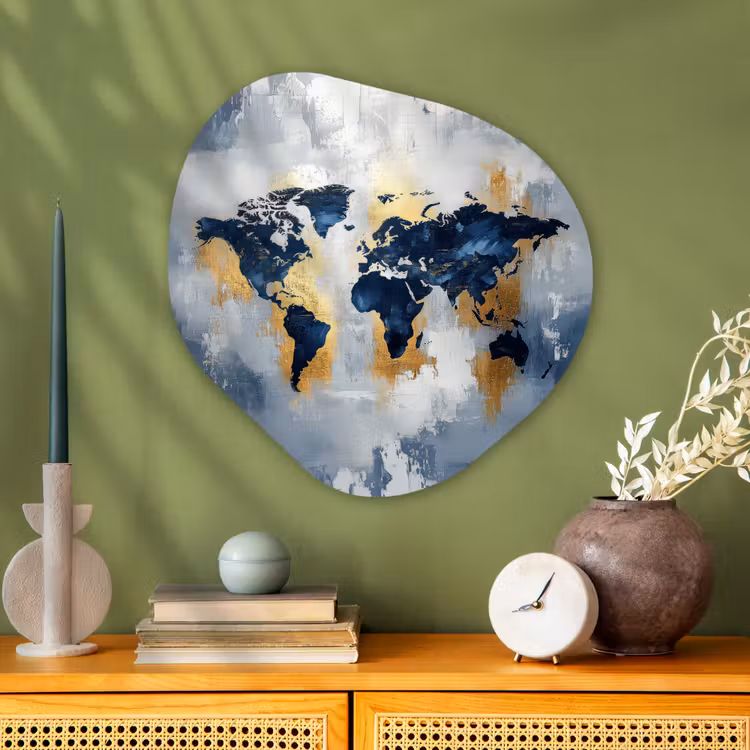 Wereldkaart - Blauw - Abstract Wandcirkel Organisch Aluminium middel -sfeer2