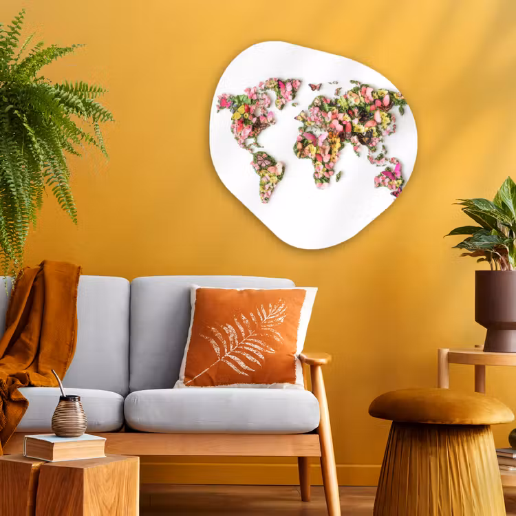Wereldkaart - Bloemen - Felgekleurd Wandcirkel Organisch Aluminium middel -sfeer4