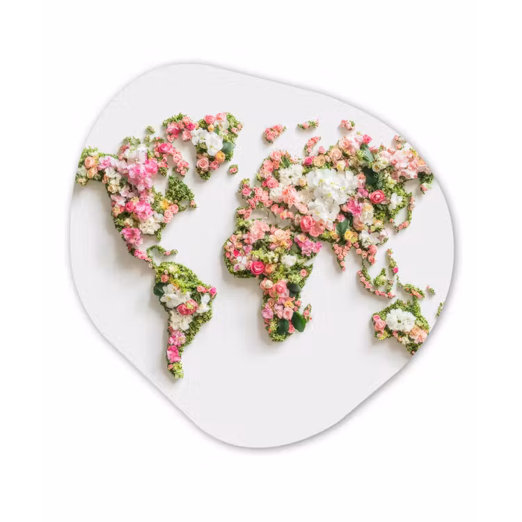 Wereldkaart - Bloemen - Subtiel Wandcirkel Organisch Aluminium middel -3d