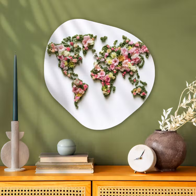 Wereldkaart - Kleurrijk - Bloemen - Lente Wandcirkel Organisch Aluminium middel -sfeer2