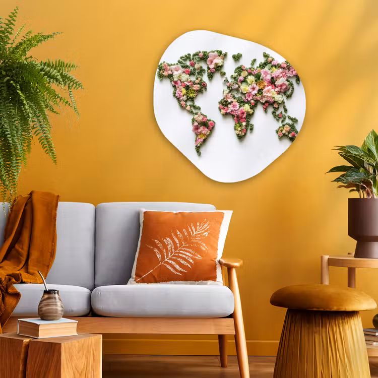 Wereldkaart - Kleurrijk - Bloemen - Lente Wandcirkel Organisch Aluminium middel -sfeer4