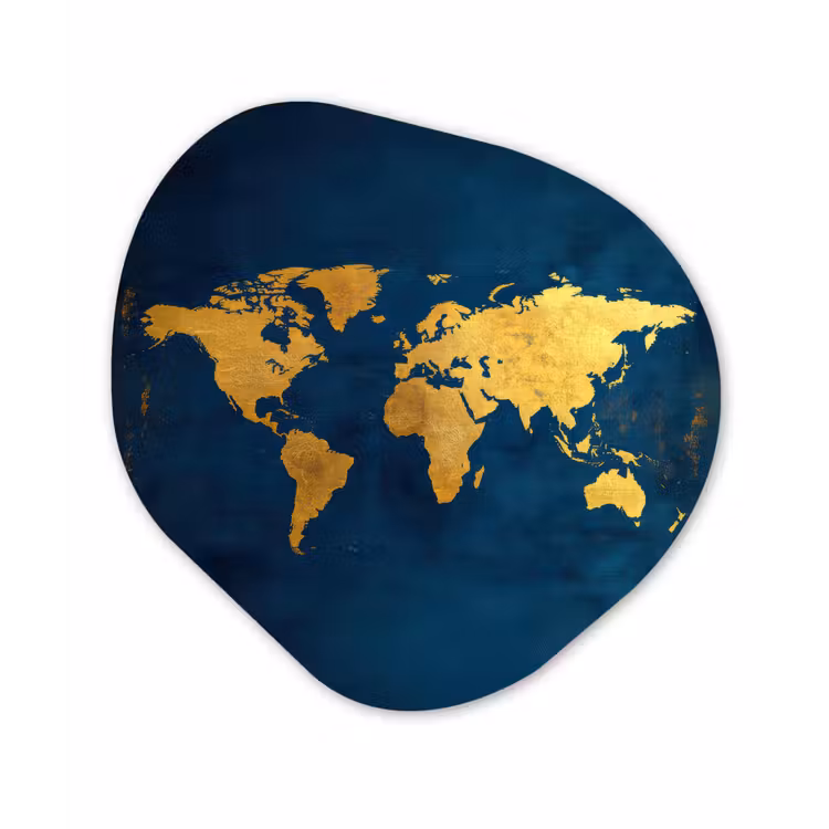 Wereldkaart - Goud - Donkerblauw Wandcirkel Organisch Aluminium middel -3d