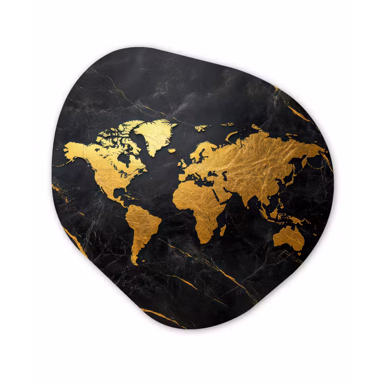 Wereldkaart - Goud - Marmer Wandcirkel Organisch Aluminium middel -3d