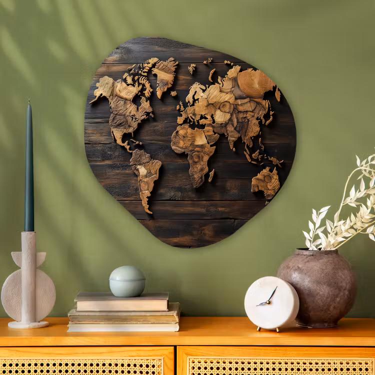 Wereldkaart - Hout - Mozaïek Wandcirkel Organisch Aluminium middel -sfeer2