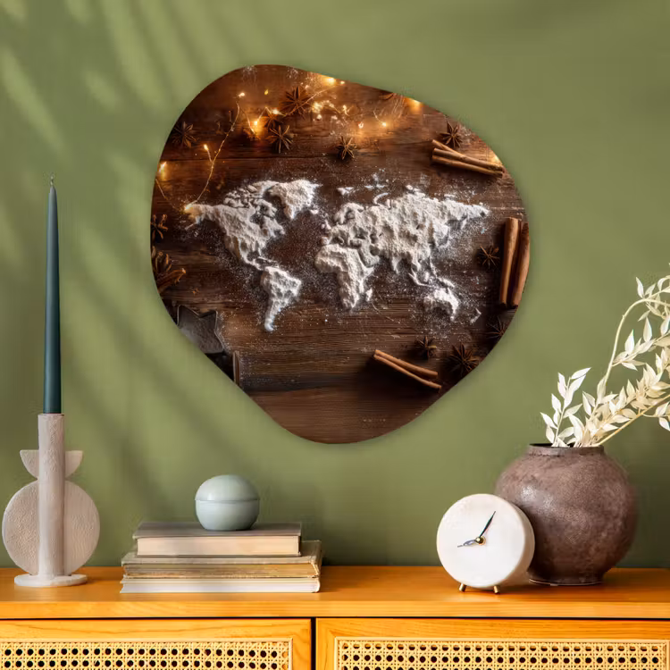 Wereldkaart - Poedersuiker - Hout Wandcirkel Organisch Aluminium middel -sfeer2