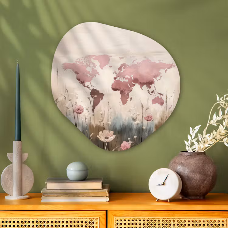 Wereldkaart - Roze - Bloemen Wandcirkel Organisch Aluminium middel -sfeer2