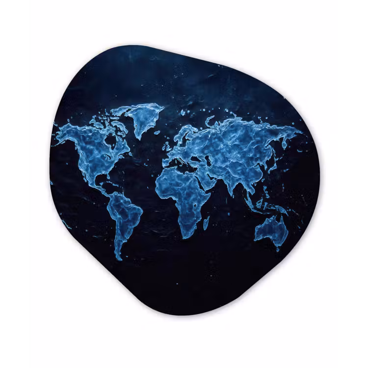 Wereldkaart - Waterstructuur - Blauw Wandcirkel Organisch Aluminium middel -3d