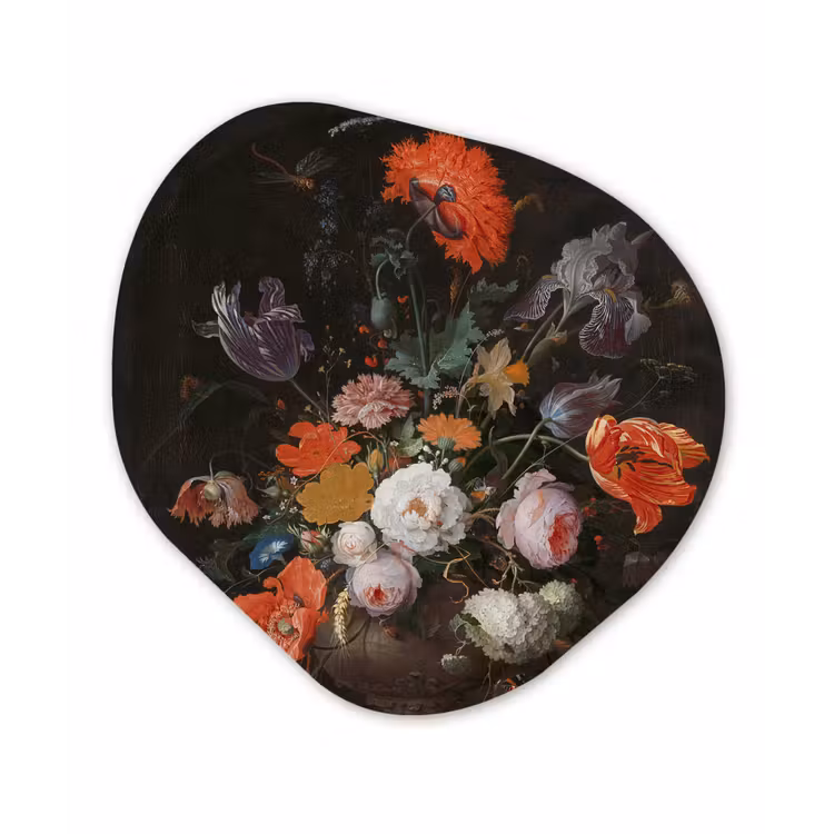 Stilleven met bloemen en een horloge - Schilderij van Abraham Mignon Wandcirkel Organisch Forex 3mm klein -3d