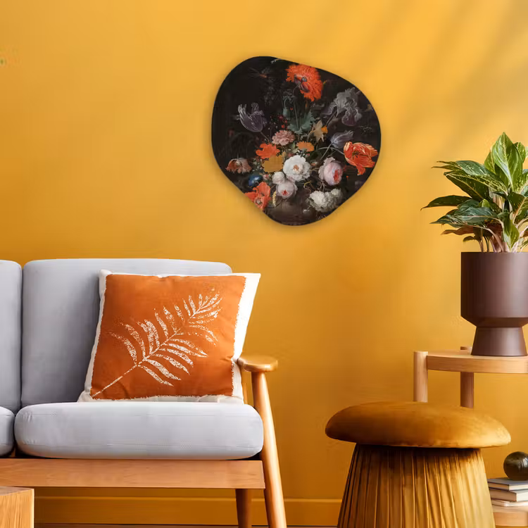 Stilleven met bloemen en een horloge - Schilderij van Abraham Mignon Wandcirkel Organisch Forex 3mm klein -sfeer4
