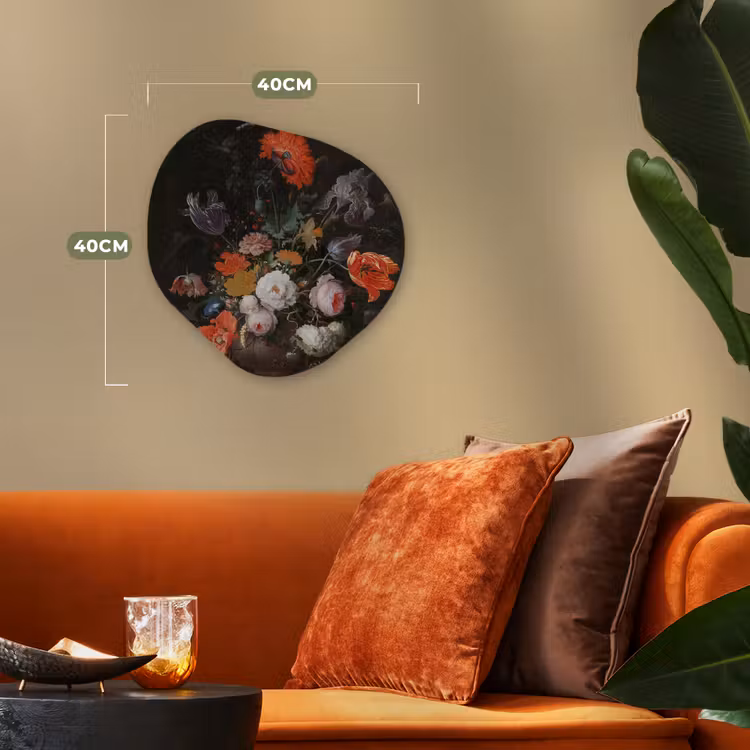 Stilleven met bloemen en een horloge - Schilderij van Abraham Mignon Wandcirkel Organisch Forex 3mm klein -sfeer3