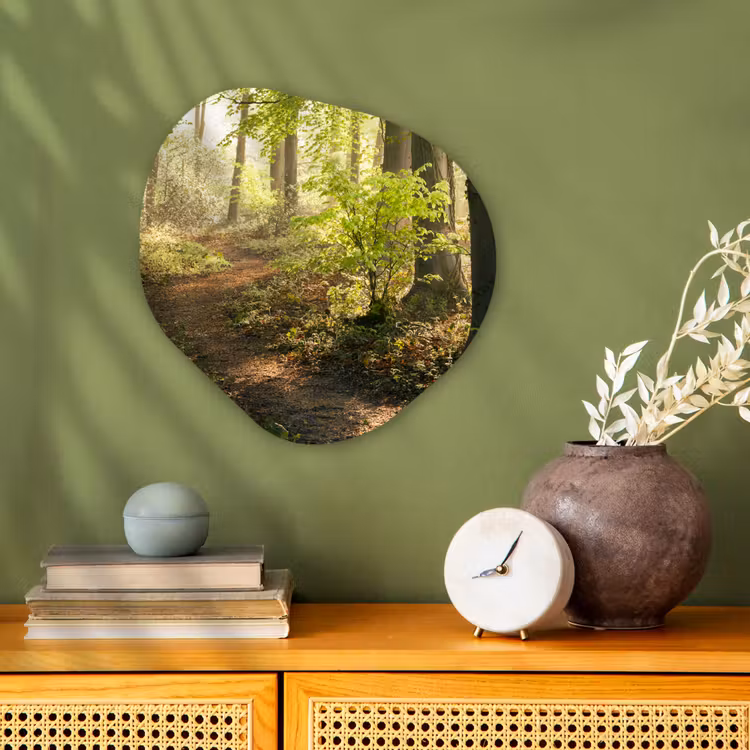 Bos - Bomen - Pad - Zon - Planten - Bladeren - Natuur Wandcirkel Organisch Forex 3mm klein -sfeer2