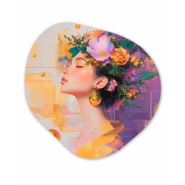 Abstract - Vrouw - Bloemenkroon - Goud Wandcirkel Organisch Plexiglas middel -3d