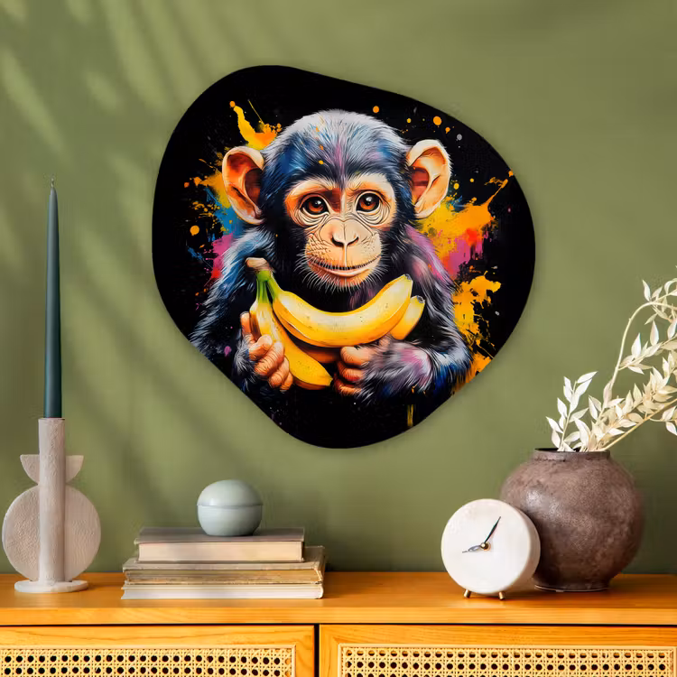 Aap - Graffiti - Kleurrijk - Bananen - Modern Wandcirkel Organisch Plexiglas middel -sfeer2