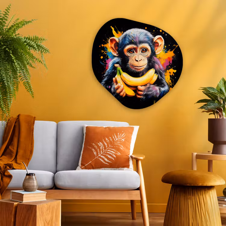 Aap - Graffiti - Kleurrijk - Bananen - Modern Wandcirkel Organisch Plexiglas middel -sfeer4