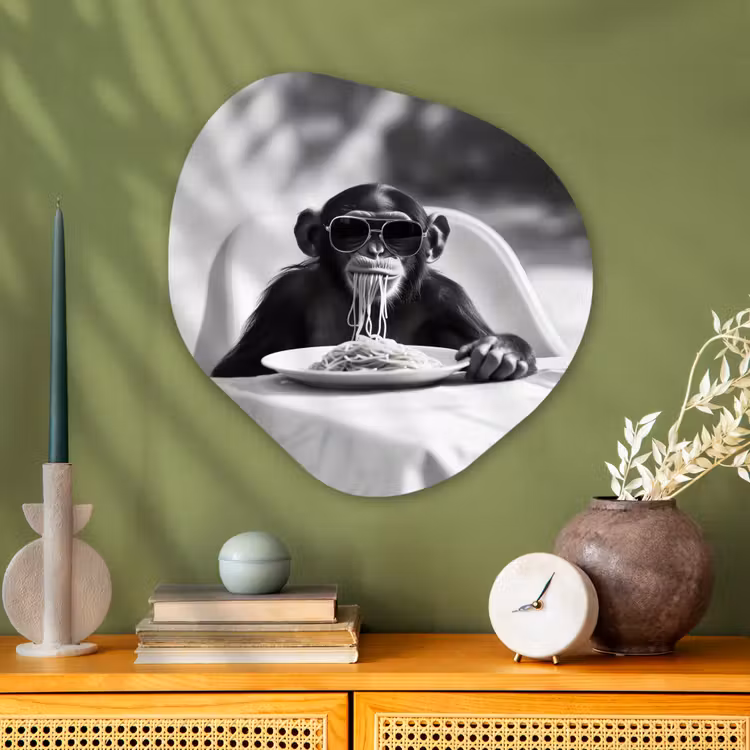 Aap - Spaghetti - Zonnebril - Zwart wit - Cool - Dier Wandcirkel Organisch Plexiglas middel -sfeer2