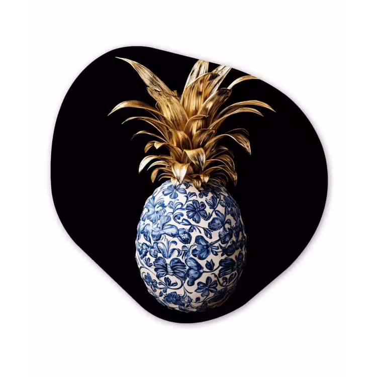 Ananas - Bloemen patroon - Goud - Delftsblauw Wandcirkel Organisch Plexiglas middel -3d