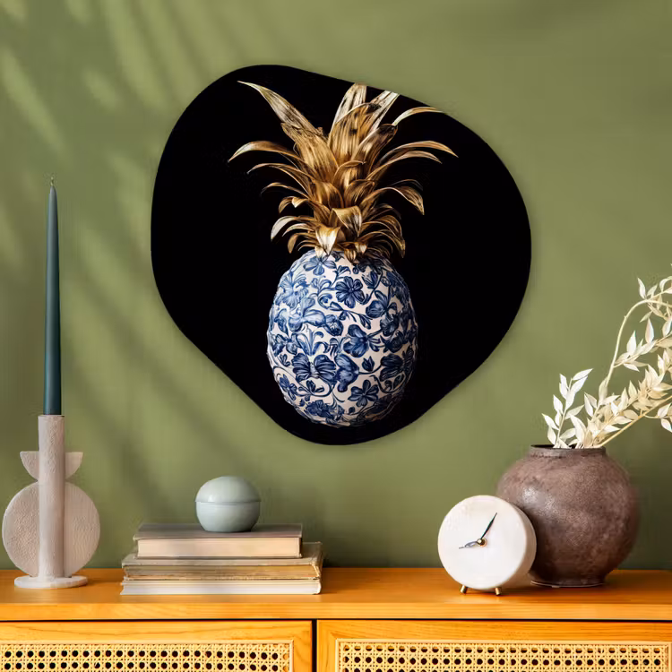 Ananas - Bloemen patroon - Goud - Delftsblauw Wandcirkel Organisch Plexiglas middel -sfeer2