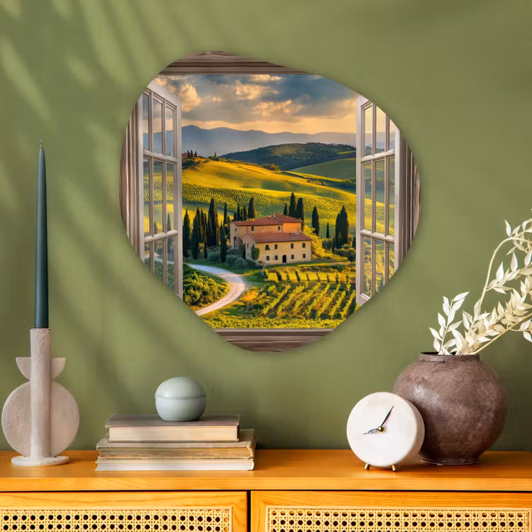 Doorkijk - Toscane - Uitzicht - Landschap - Zomer Wandcirkel Organisch Plexiglas middel -sfeer2