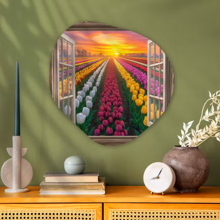 Doorkijk - Bloemen - Tulpen - Kleurrijk - Zonsondergang Wandcirkel Organisch Plexiglas middel -sfeer2