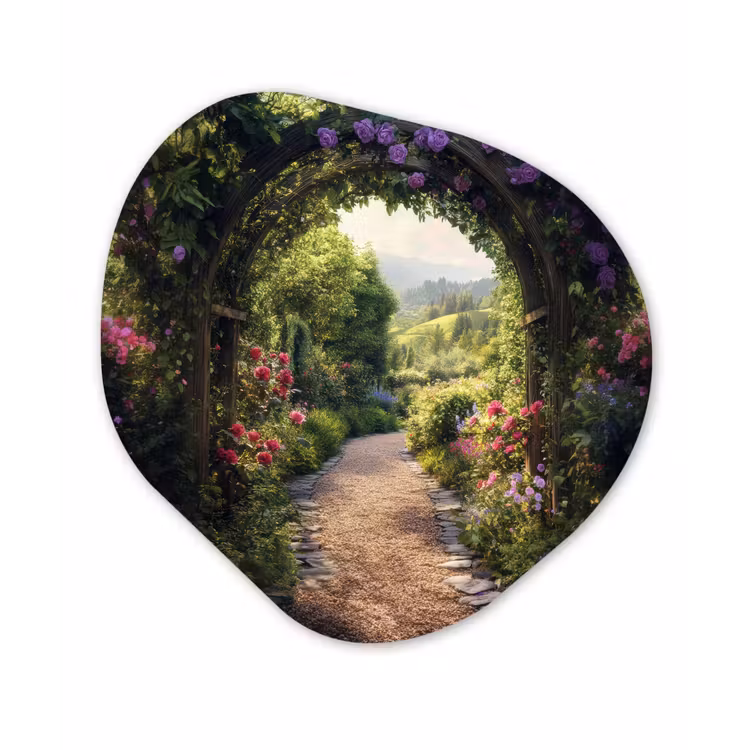 Doorkijk - Landschap - Bloemen - Tuinboog - Natuur Wandcirkel Organisch Plexiglas middel -3d