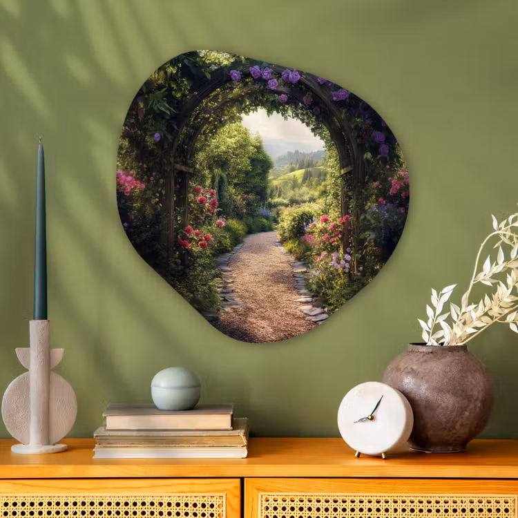 Doorkijk - Landschap - Bloemen - Tuinboog - Natuur Wandcirkel Organisch Plexiglas middel -sfeer2