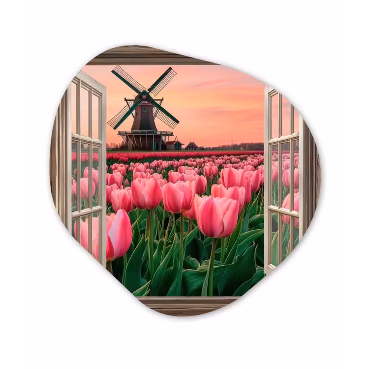 Doorkijk - Tulpen - Bloemen - Molen - Raam Wandcirkel Organisch Plexiglas middel -3d