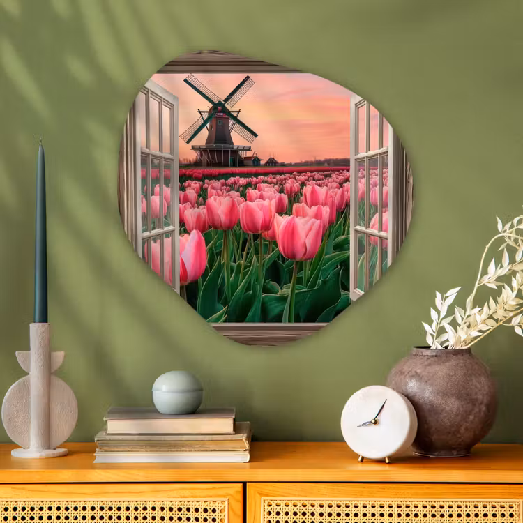 Doorkijk - Tulpen - Bloemen - Molen - Raam Wandcirkel Organisch Plexiglas middel -sfeer2
