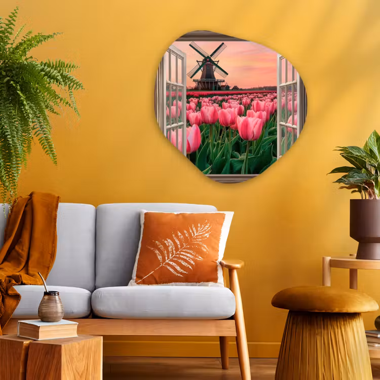 Doorkijk - Tulpen - Bloemen - Molen - Raam Wandcirkel Organisch Plexiglas middel -sfeer4
