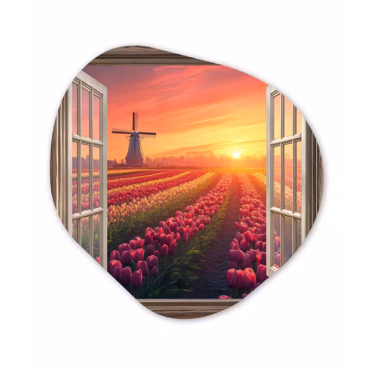 Doorkijk - Tulpen - Zonsondergang - Bloemen - Kleurrijk Wandcirkel Organisch Plexiglas middel -3d