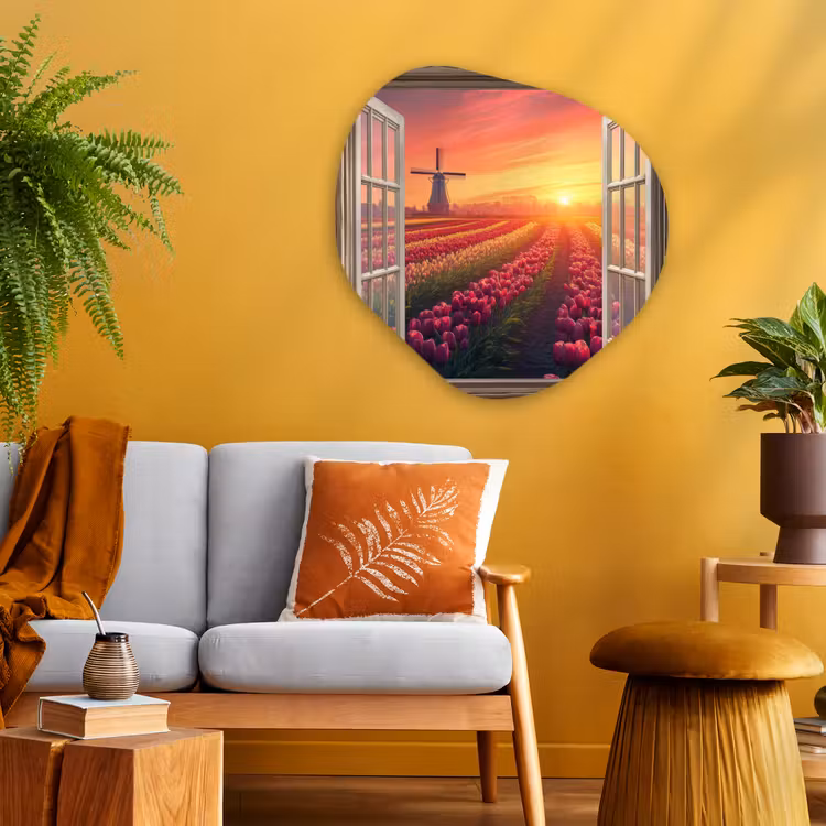 Doorkijk - Tulpen - Zonsondergang - Bloemen - Kleurrijk Wandcirkel Organisch Plexiglas middel -sfeer4