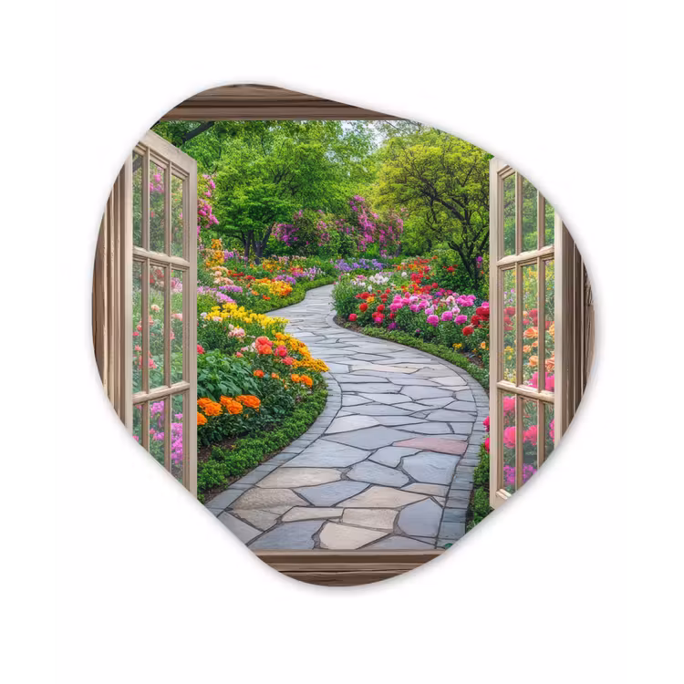 Doorkijk - Bloemen - Tuinpad - Natuur - Raam Wandcirkel Organisch Plexiglas middel -3d