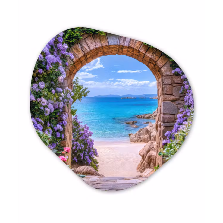 Doorkijk - Poort - Zee - Strand - Rotsen Wandcirkel Organisch Plexiglas middel -3d