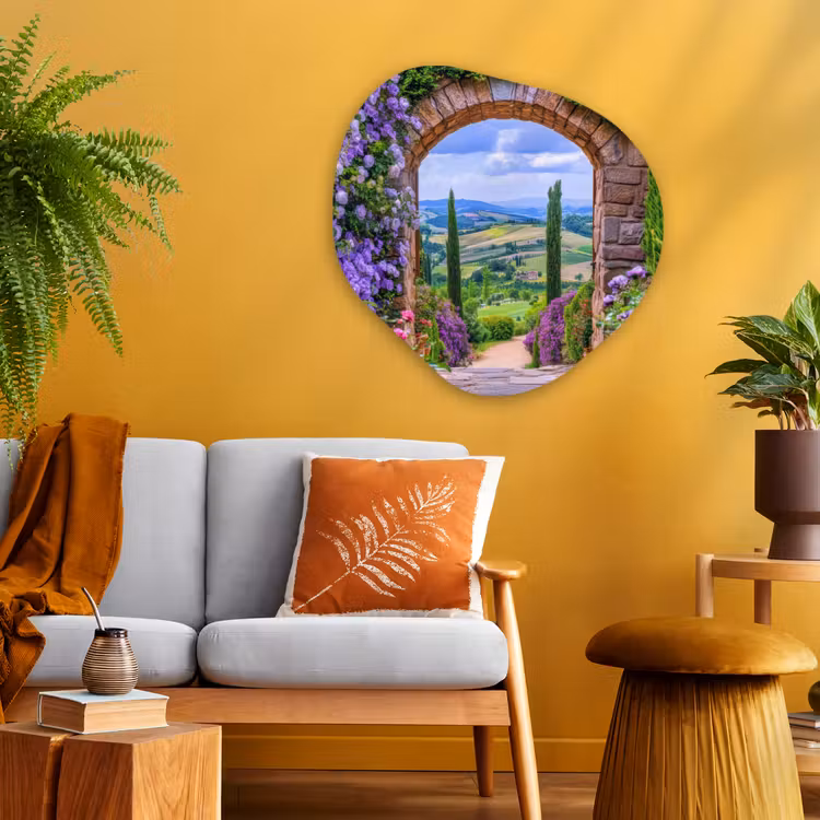 Doorkijk - Toscane - Landschap - Poort Wandcirkel Organisch Plexiglas middel -sfeer4