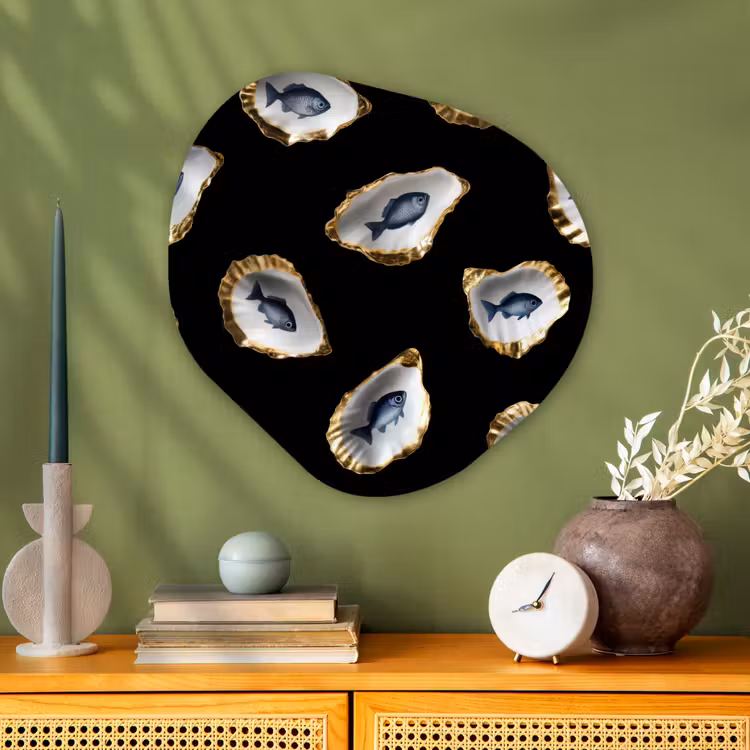 Oesters - Vissen - Blauw - Goud Wandcirkel Organisch Plexiglas middel -sfeer2