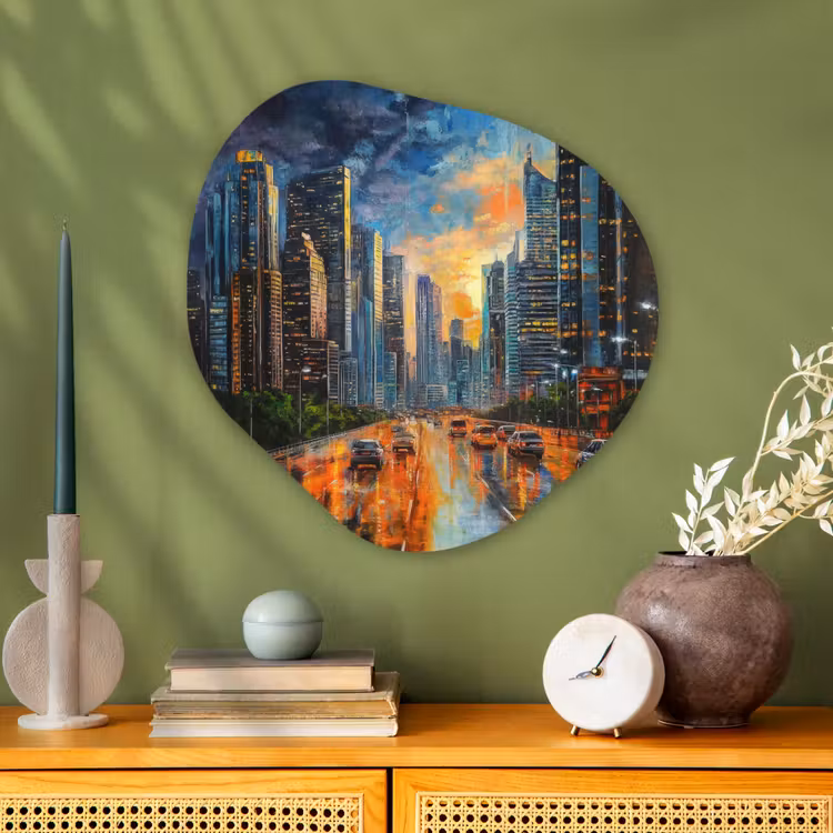 Auto - Skyline - Zon - Blauw Wandcirkel Organisch Plexiglas middel -sfeer2
