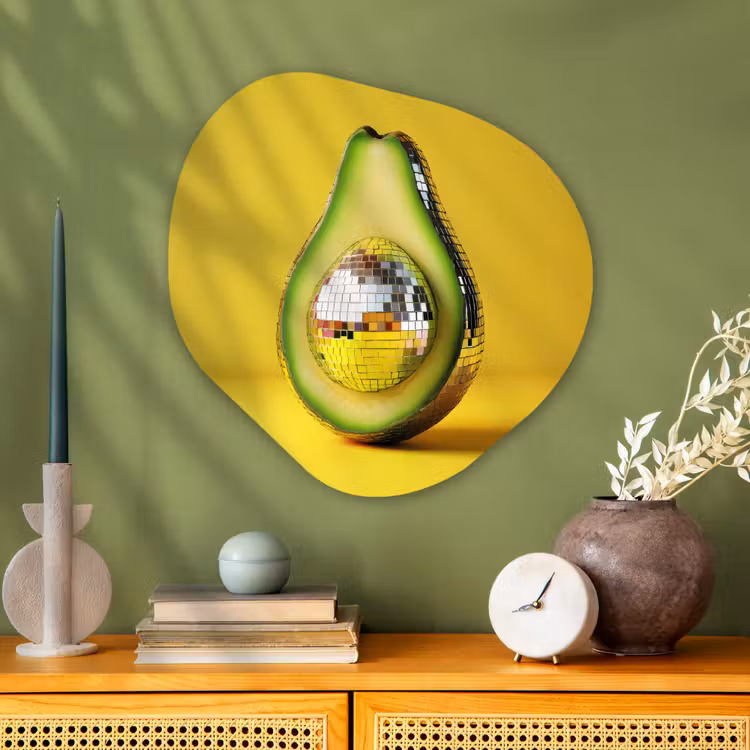 Avocado - Discobal - Geel - Glitter Wandcirkel Organisch Plexiglas middel -sfeer2