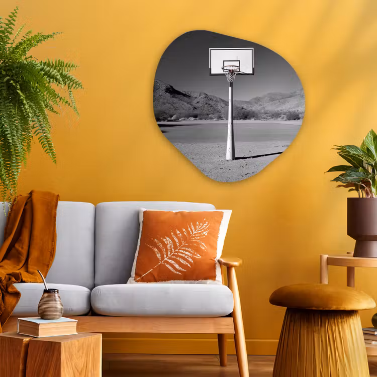 Basketbalpaal - Landschap - Zand - Wit Wandcirkel Organisch Plexiglas middel -sfeer4