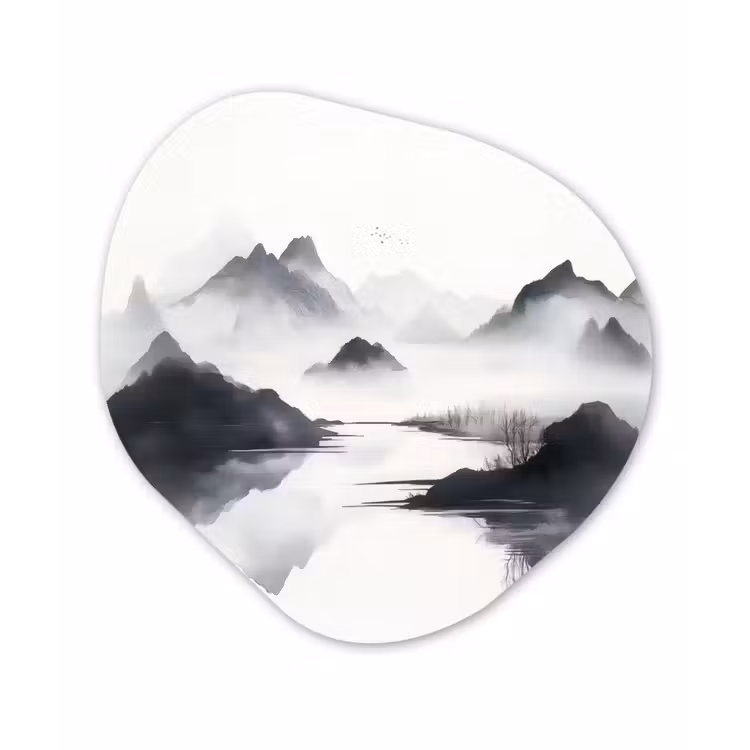 Bergen - Mistig - Water - Wit Wandcirkel Organisch Plexiglas middel -3d