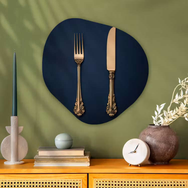 Bestek - Donkerblauw - Goud Wandcirkel Organisch Plexiglas middel -sfeer2