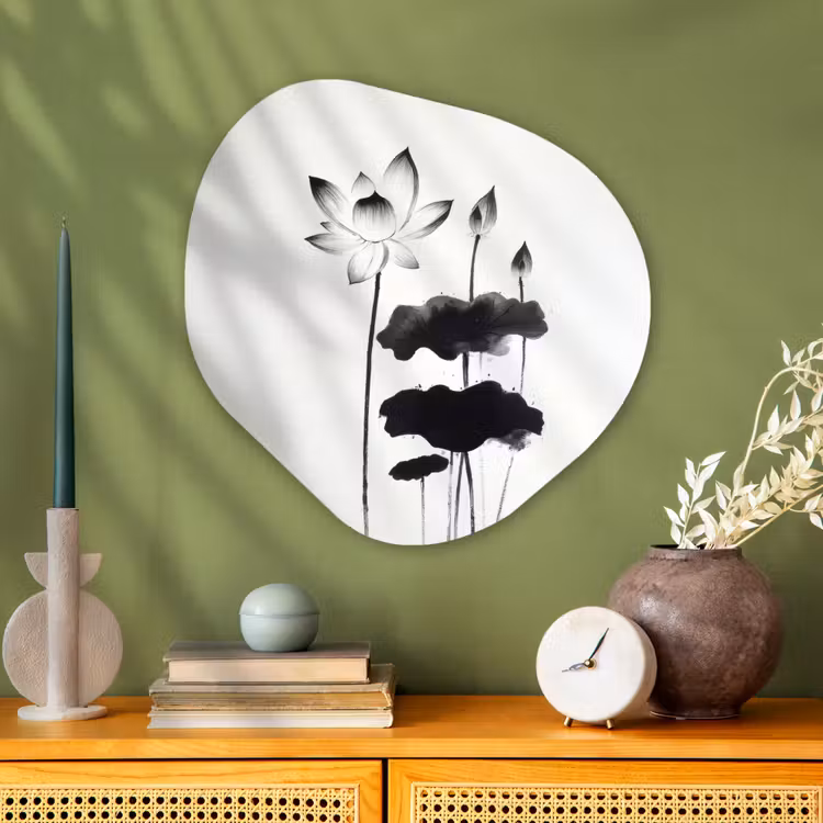 Bladeren - Zwart - Lotusbloem - Minimalitisch Wandcirkel Organisch Plexiglas middel -sfeer2