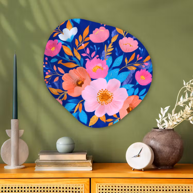 Bloemen - Blauw - Roze Wandcirkel Organisch Plexiglas middel -sfeer2