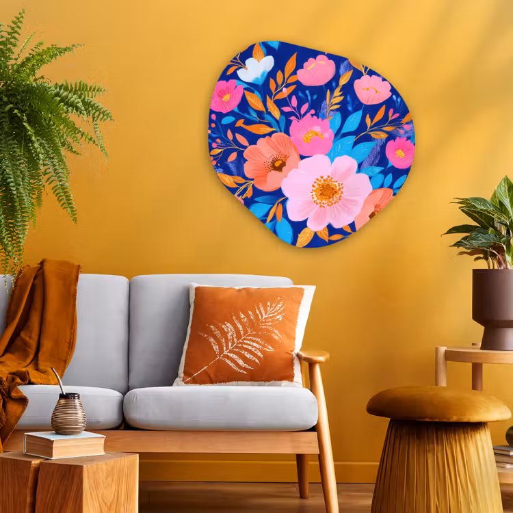 Bloemen - Blauw - Roze Wandcirkel Organisch Plexiglas middel -sfeer4