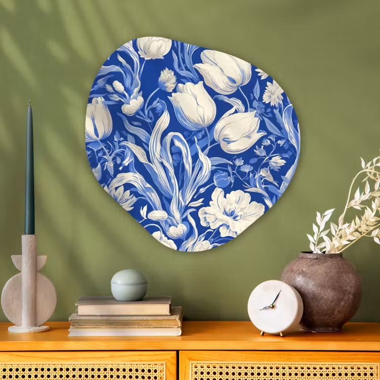Bloemen - Delfts Blauw - Patroon - Tulp Wandcirkel Organisch Plexiglas middel -sfeer2
