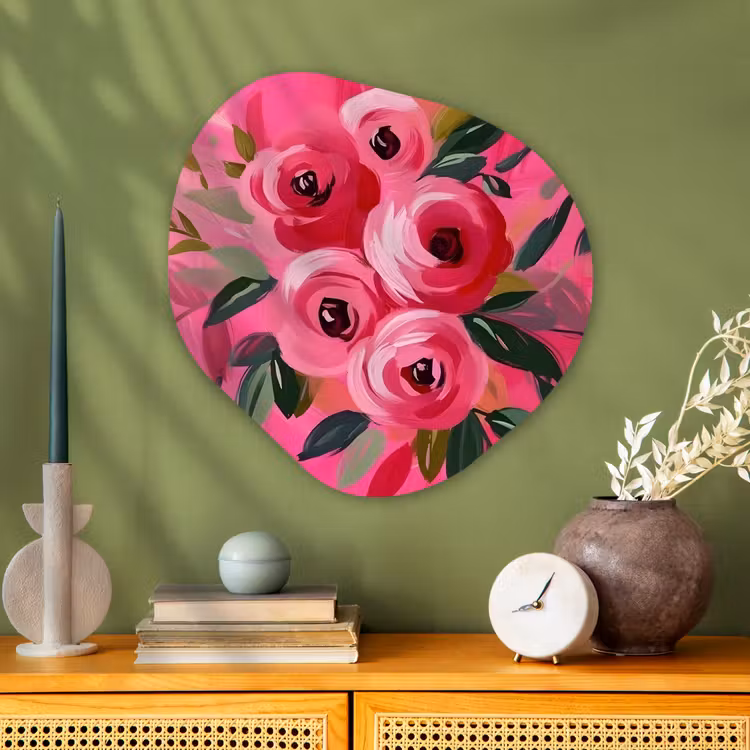Bloemen - Verf - Roze Wandcirkel Organisch Plexiglas middel -sfeer2