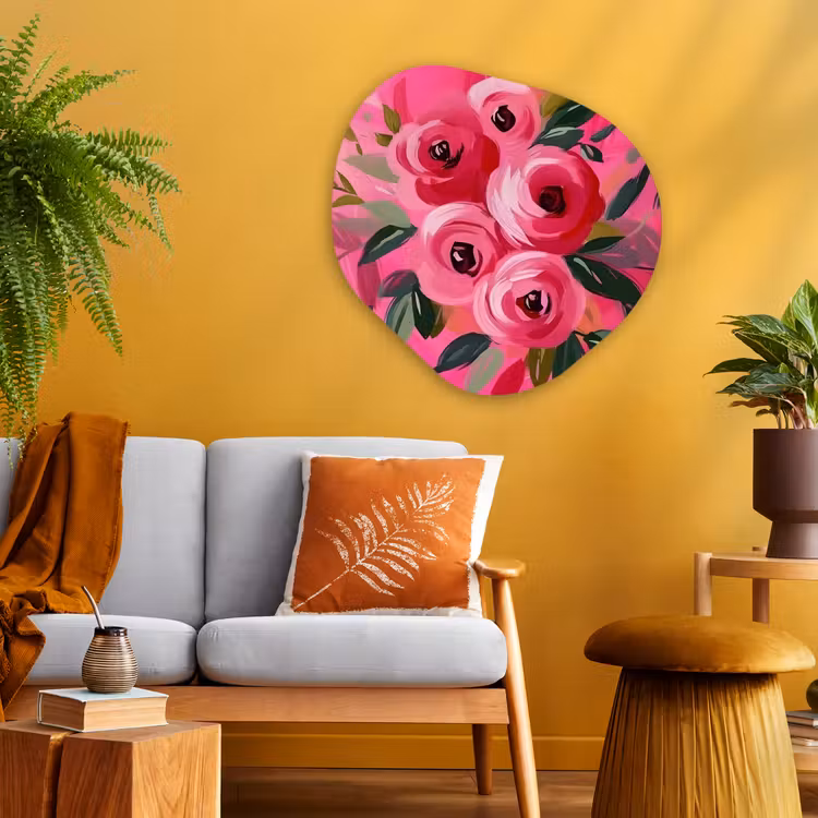 Bloemen - Verf - Roze Wandcirkel Organisch Plexiglas middel -sfeer4