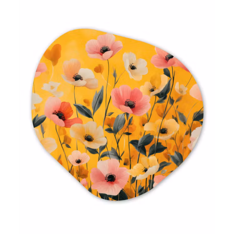 Bloemen - Veld - Geel Wandcirkel Organisch Plexiglas middel -3d