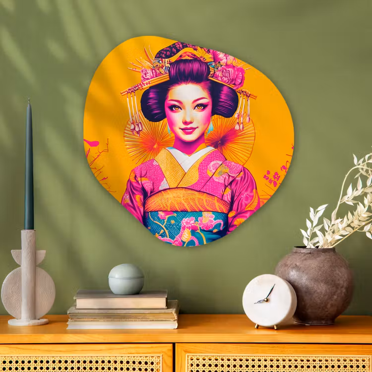 Bloemen - Vrouw - Kimono - Roze Wandcirkel Organisch Plexiglas middel -sfeer2
