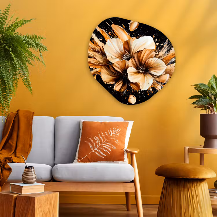 Bloemen - Goud - Graffiti - Zwart - Abstract Wandcirkel Organisch Plexiglas middel -sfeer4