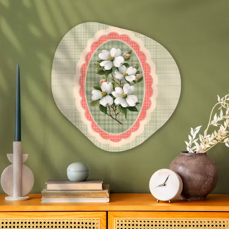 Bloemen - Illustratie - Geruit - Groen Wandcirkel Organisch Plexiglas middel -sfeer2