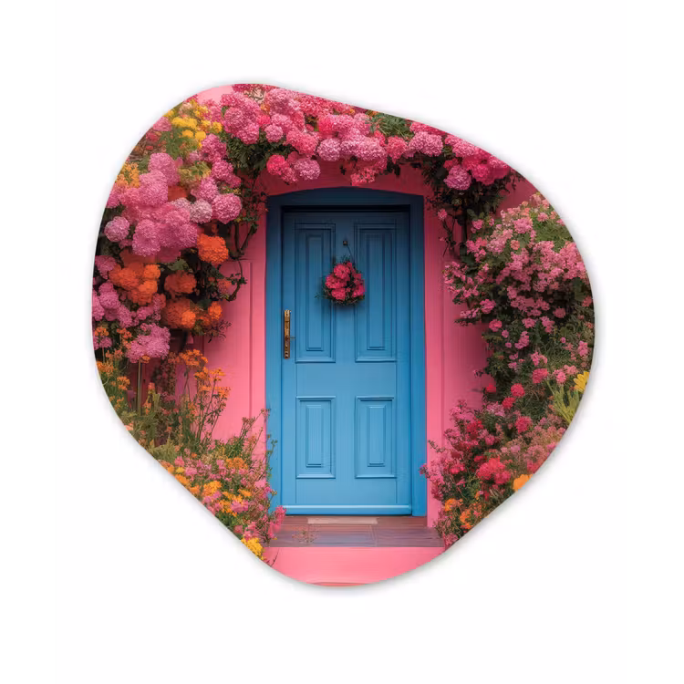 Bloemen - Deur - Roze Wandcirkel Organisch Plexiglas middel -3d